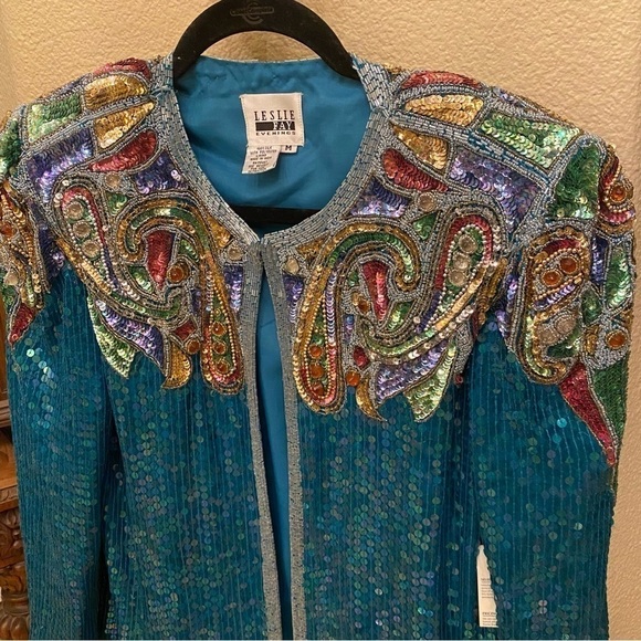 NWT~Vintage LESLIE FAY Women Silk Evening Sequin Embellished Party Jacket-Medium - Picture 3 of 8